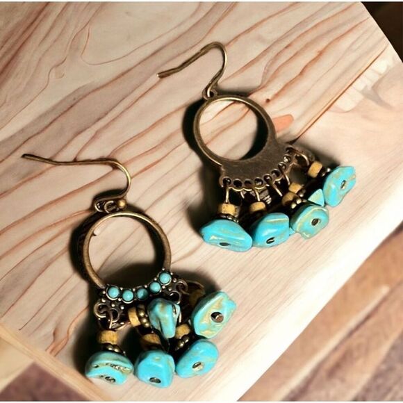 Turquoise Brass Tone Drop Chandelier Fashion  Earrings Boho Southwestern NEW - Picture 1 of 3